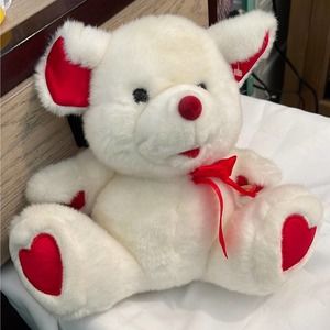 Caltoy White Plush Bear Red Ribbon & Hearts on Feet 11" (Pre-owned)